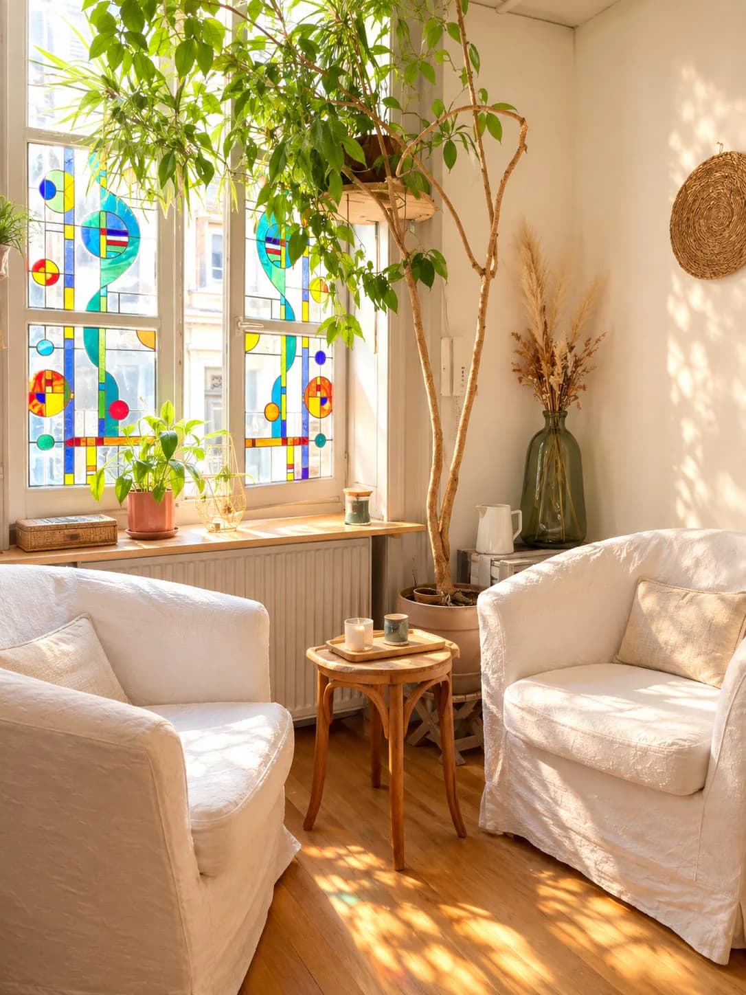 Deux fauteuils blancs de part et d’autre d’un petit guéridon en bois, devant un vitrail coloré et une grande plante