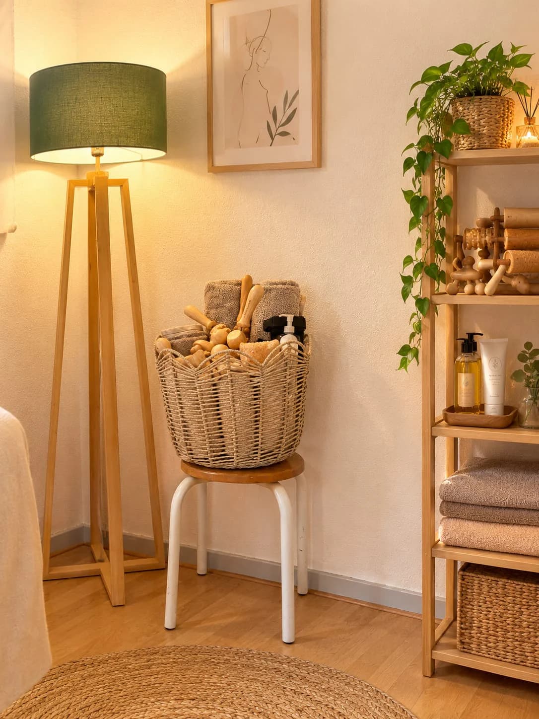 Le coin des massages : un panier d’outils en bois sur un tabouret, une lampe sur pied et une étagère d’huiles et de serviettes pliées