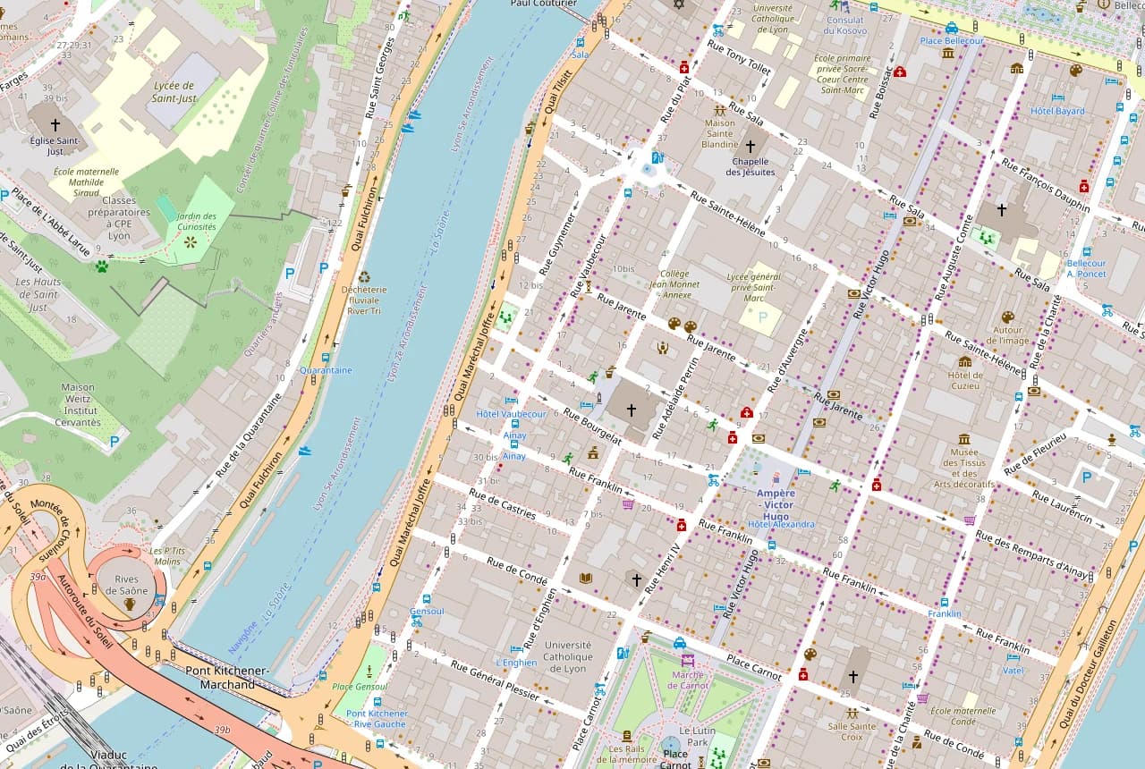 Map showing the practice in Lyon, in the Ainay district