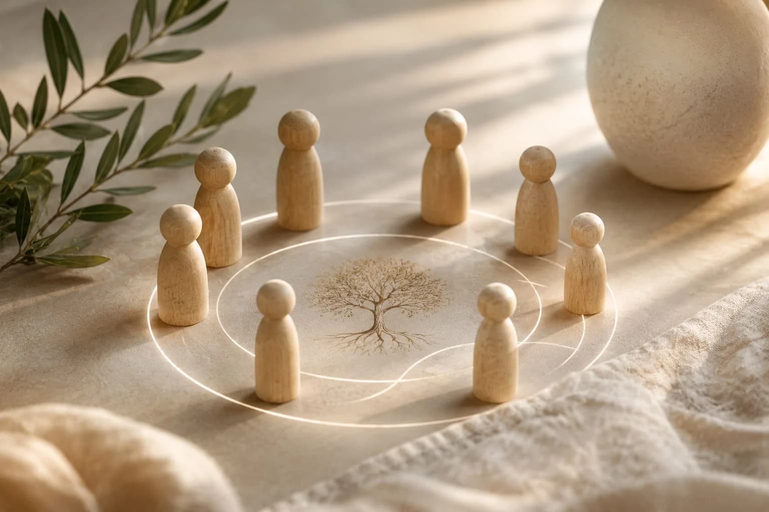 Wooden figures in a circle around a tree, on pale cloth