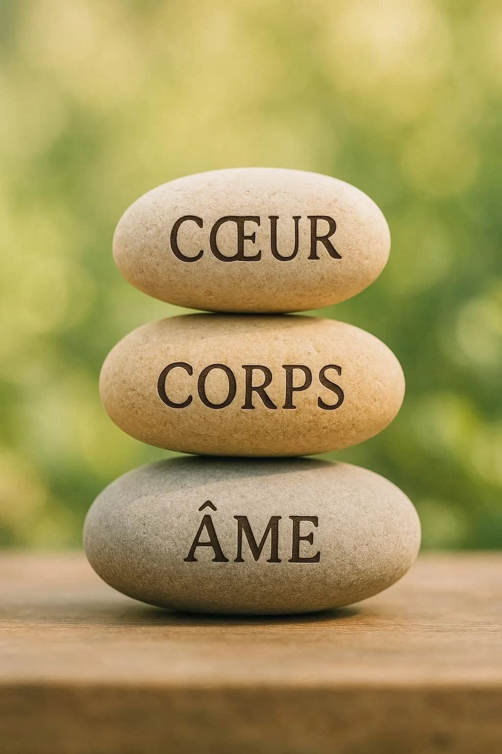 Trois galets gris empilés en équilibre, gravés « cœur », « corps » et « âme »