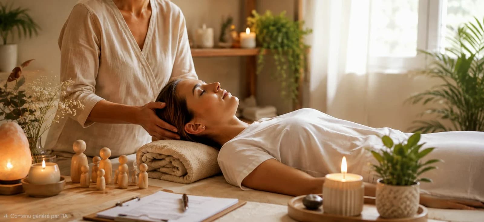 Mains posées sur la tête d’une personne allongée, bougies et plantes dans un espace de bien-être