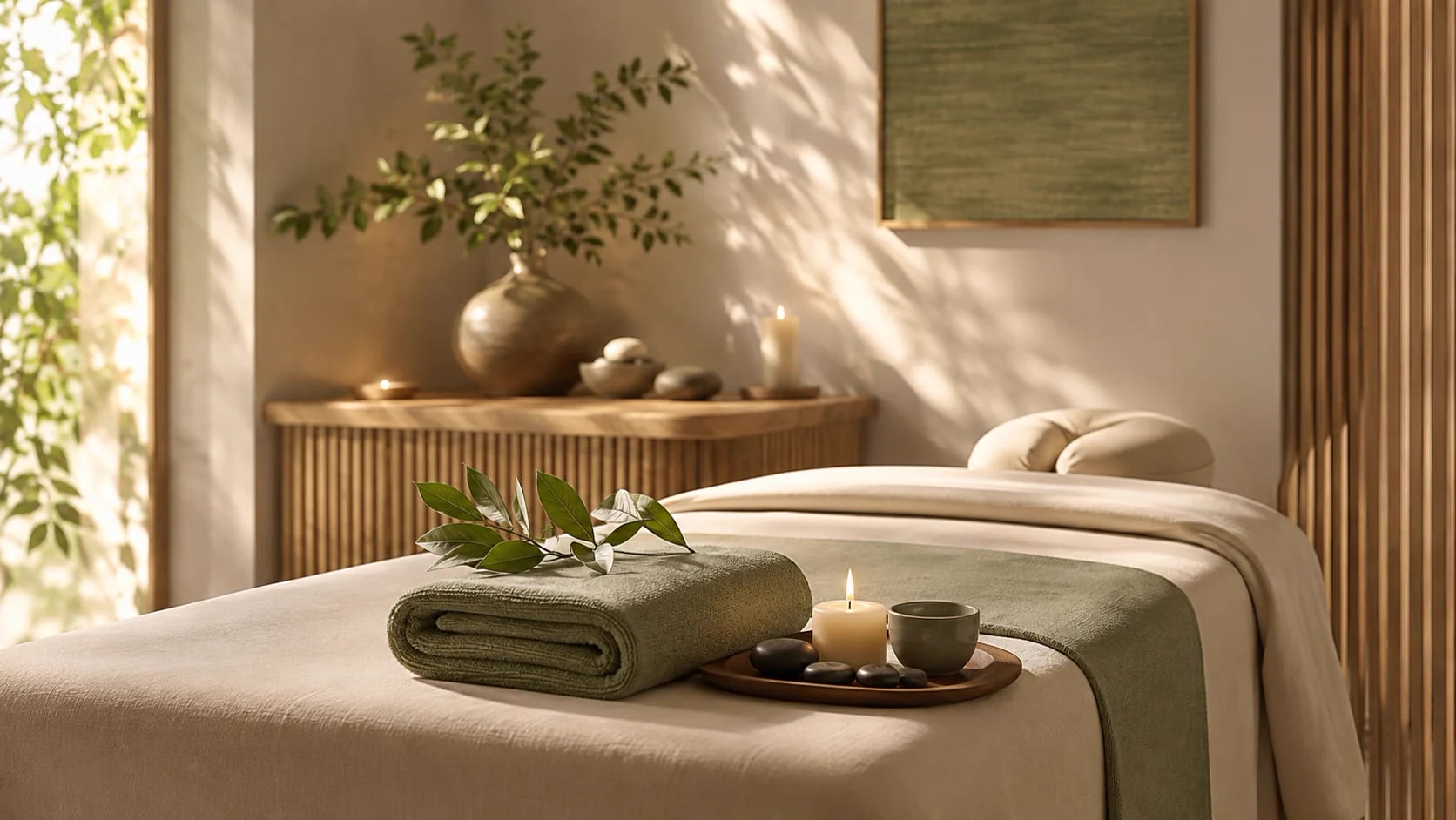 A couch made up in a room bathed in soft light, a folded green blanket and a lit candle