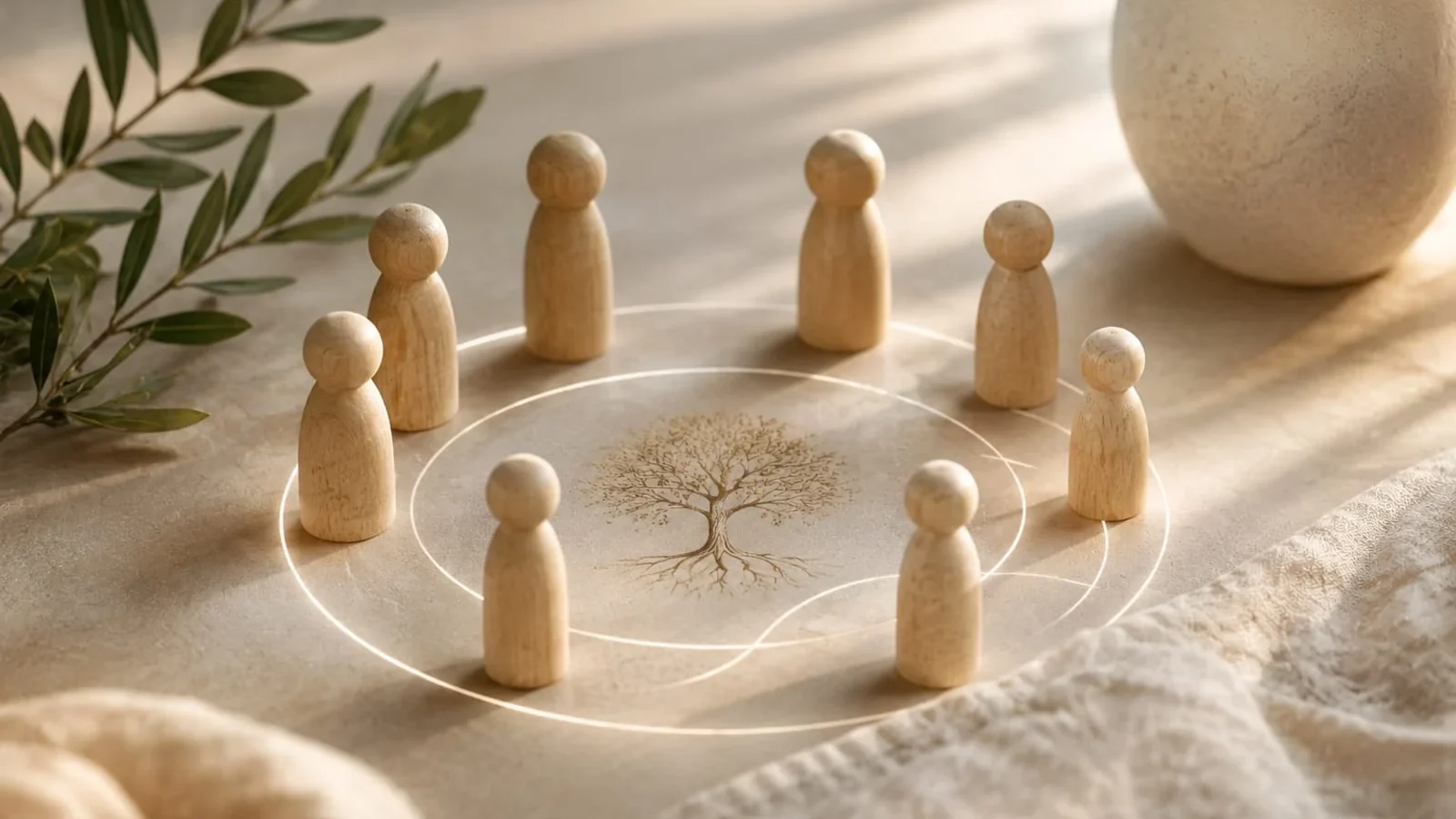 Wooden figures set in a circle around an engraved tree