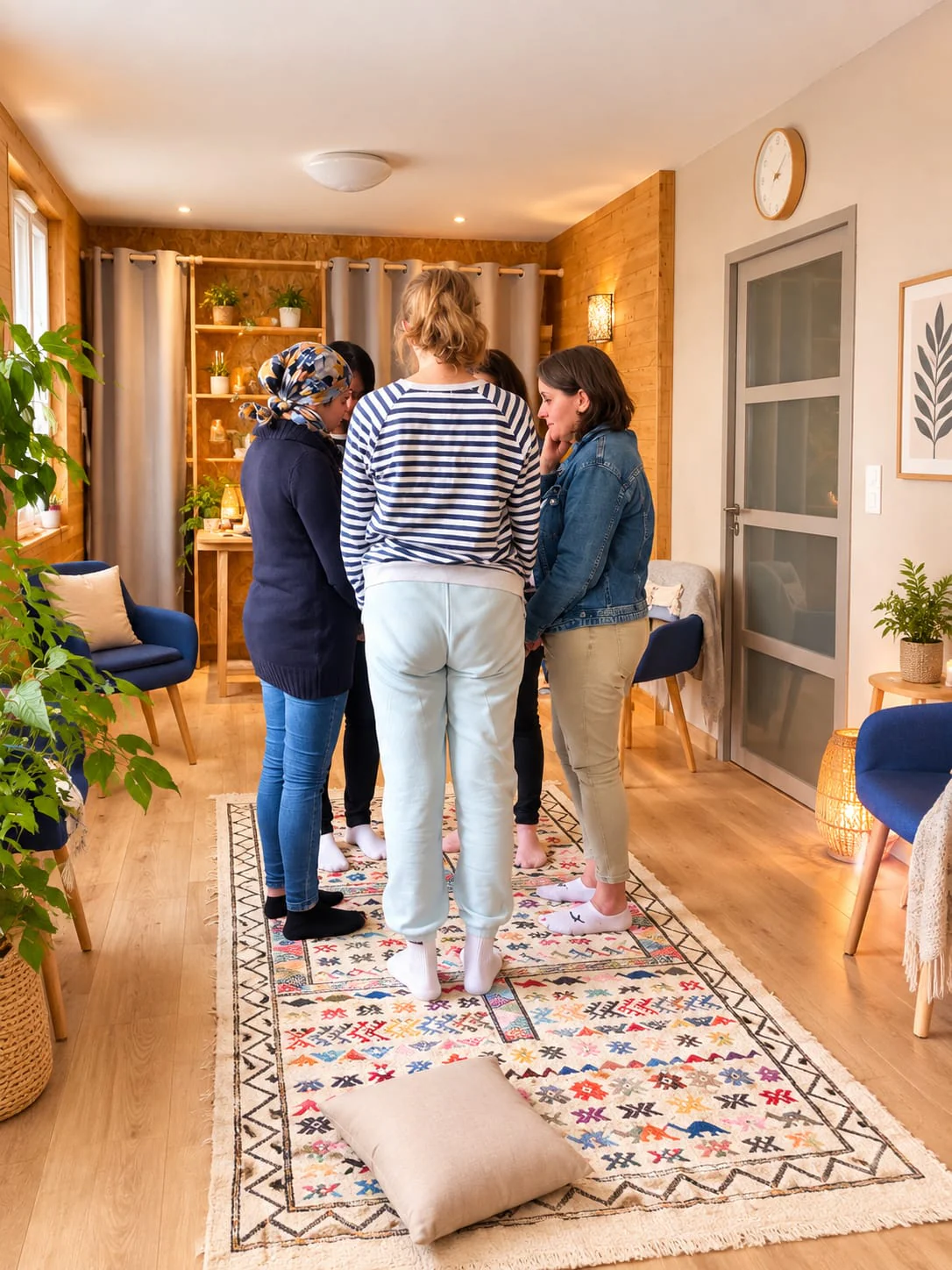 A group workshop at the practice: participants standing in a circle on a large Berber rug
