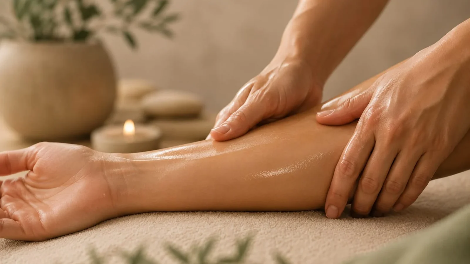 Two hands moving slowly up a leg, the drainage gesture