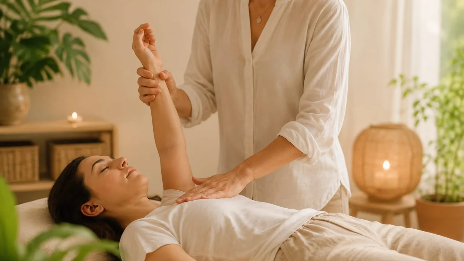 A practitioner in a pale shirt supporting the raised arm of a clothed person lying down — the muscle test