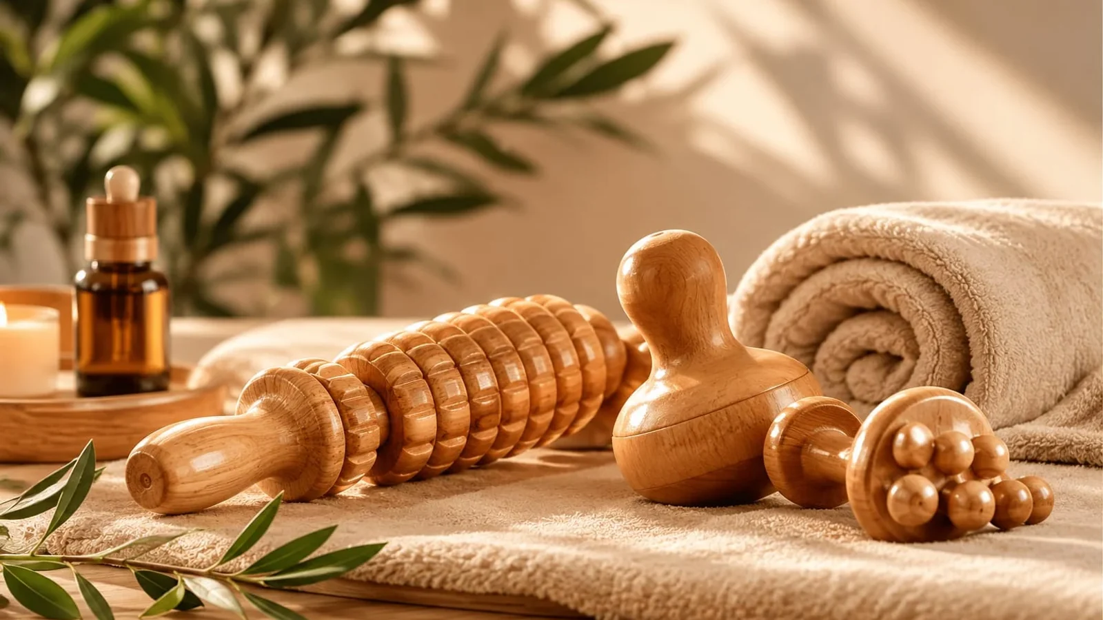 A ribbed roller, a mushroom tool and a ball roller in wood, set down on a towel